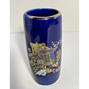 ~ Cobalt Blue ~ Miniature Painted Floral Bud Vase ~ Gold Trim 3.5"